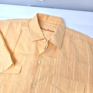 Tommy Bahama Mens 100% Linen orange Jaquard Plaid Print Short Sleeve Size Large.